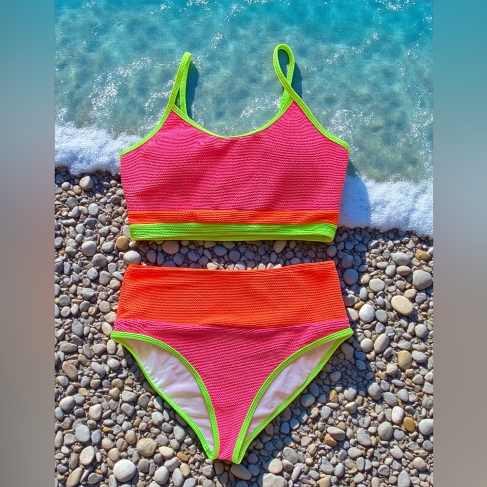 NWOT - Pink Lily Neon Colorblock High-Waisted Bikini Set – Women’s Size XL